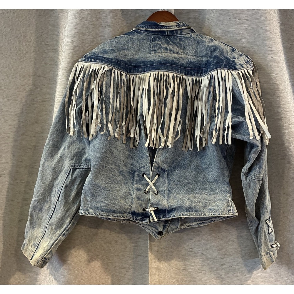 Vtg Winlit Acid Wash Denim Fringe Jacket Suede Tassels Western Boho Rocker M - Picture 6 of 10